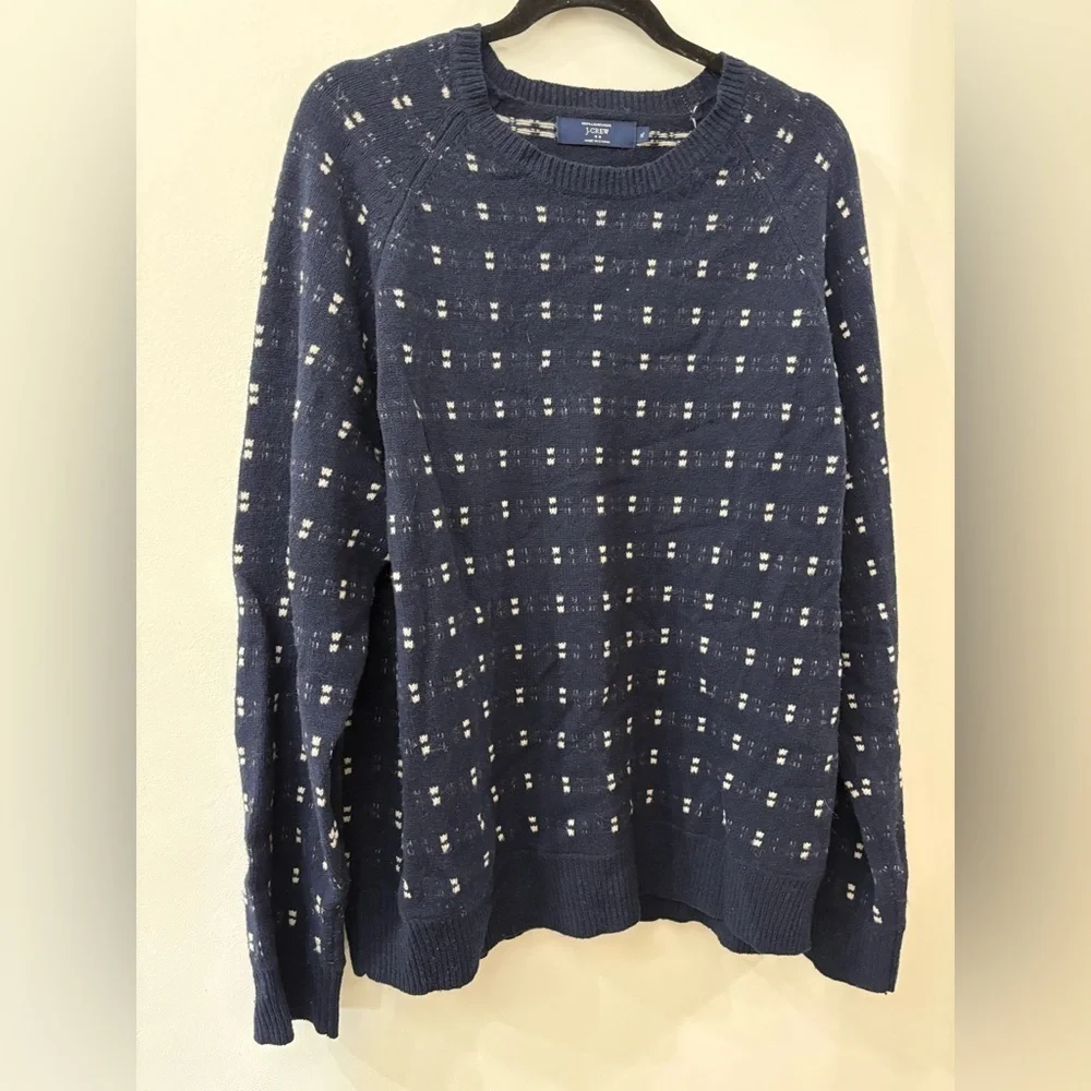 J. Crew Dark Blue and White Wool Sweater - Mens XL - 100% Lambswool